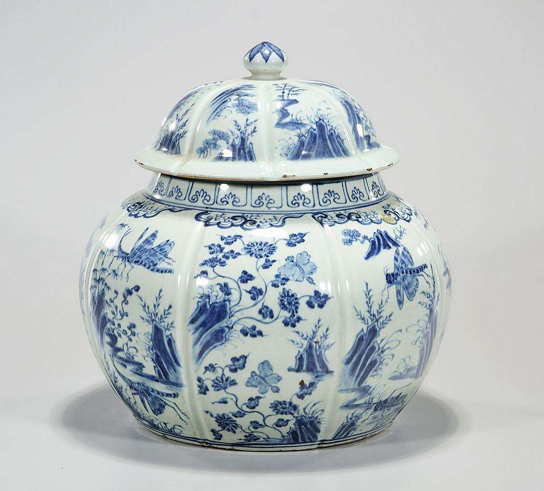 Chinese Blue and White Porcelain Covered Jar: Chinese blue and white porcelain covered jar; various nature motifs; 13" x 11" (approx.) Condition: general wear, frits, pits, minor losses