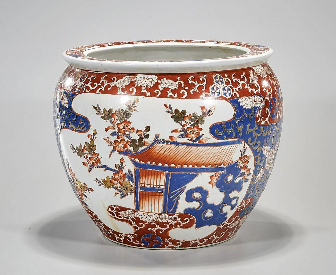 Chinese Porcelain Jardiniere: Chinese porcelain jardiniere; 10 3/4" x 13 1/2" (approx.) Condition: general wear, frits, pits, minor losses