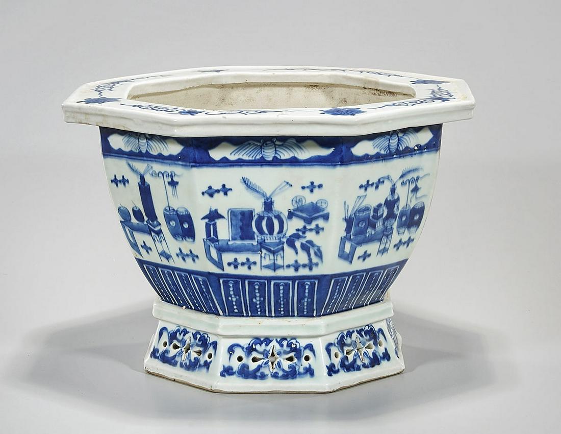 Chinese Blue and White Porcelain Jardiniere: Chinese blue and white porcelain jariniere; 9" x 14" (approx.) Condition: general wear, frits, pits, minor losses