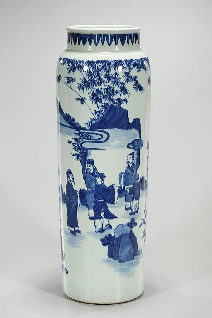 Tall Chinese Blue and White Porcelain Vase: Tall Chinese blue and white porcelain vase with figural motifs; 20" x 7" (approx.) Condition: general wear, frits, pits, minor losses