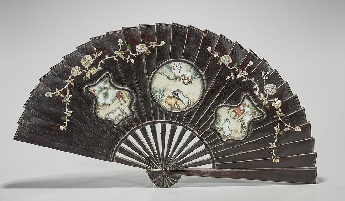Chinese Carved Wood Fan with Inset Enameled Porcelain: Large Chinese carved wood fan with inset enameled porcelain scenes; 33 1/2" x 18" x 3/4" (approx.) Condition: general wear, frits, pits, minor losses