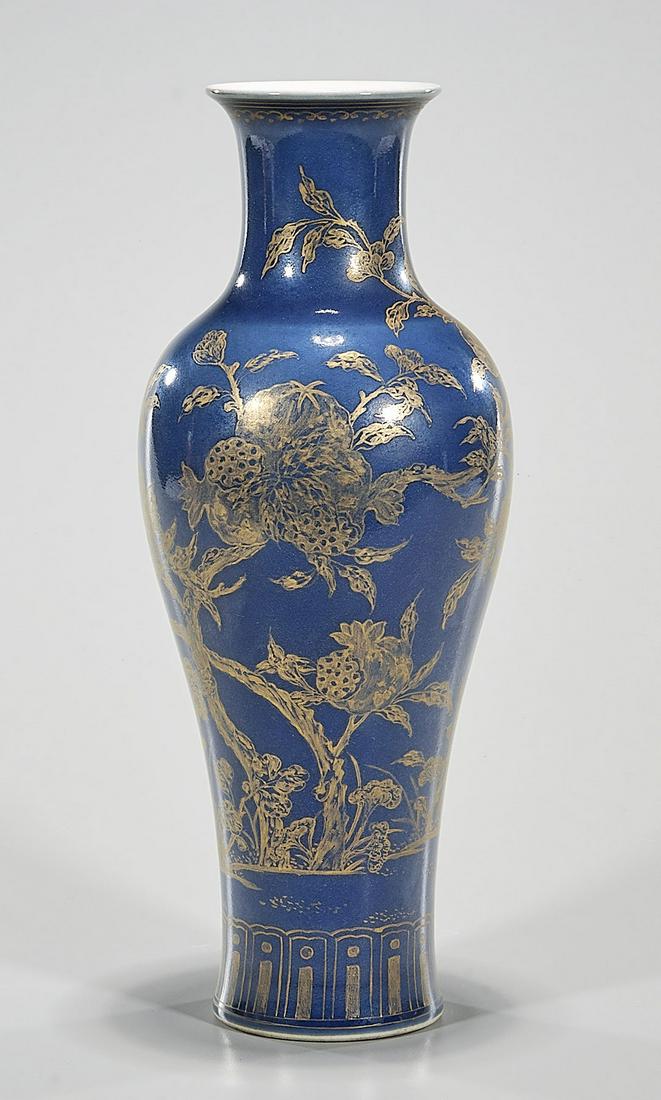 Chinese Enameled Porcelain Vase: Chinese blue glazed porcelain vase; gilt design; 12" x 5" (approx.) Condition: general wear, frits, pits, minor losses
