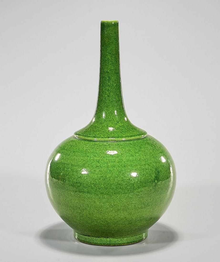 Chinese Green Glazed Vase: Chinese green glazed slender neck vase; 15" x 8" (approx.) Condition: general wear, frits, pits, minor losses