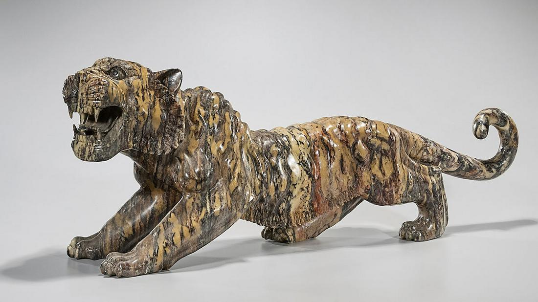Chinese Stone Sculpture of a Tiger: Chinese stone tiger; 14" x 36" x 8" (heavy item) Condition: general wear, tail broken and repaired
