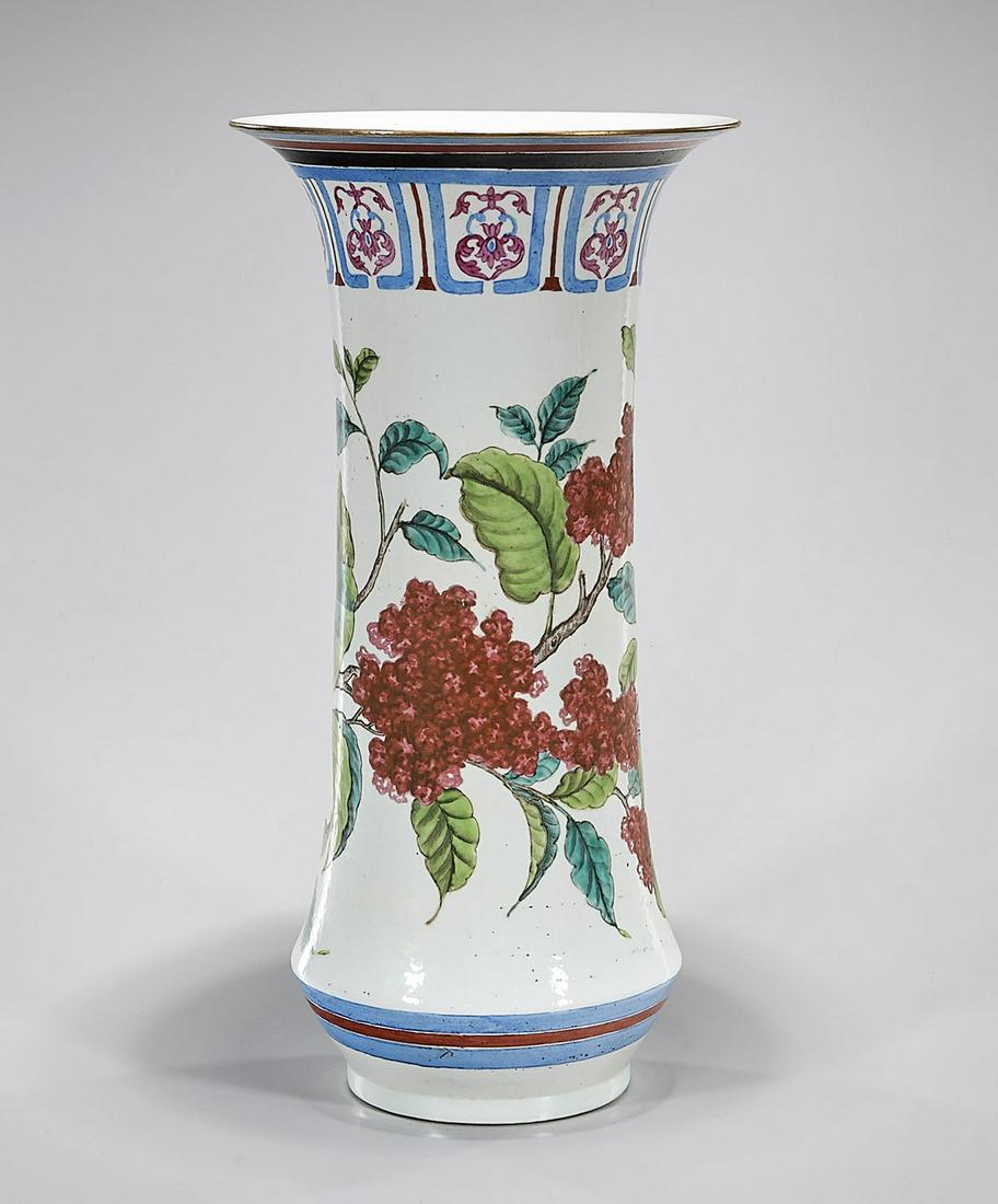 Chinese Enameled Porcelain Gu Form Vase: Chinese enameled porcelain gu form vase; floral design; 17" x 9" (approx.) Condition: general wear, frits, pits, minor chips