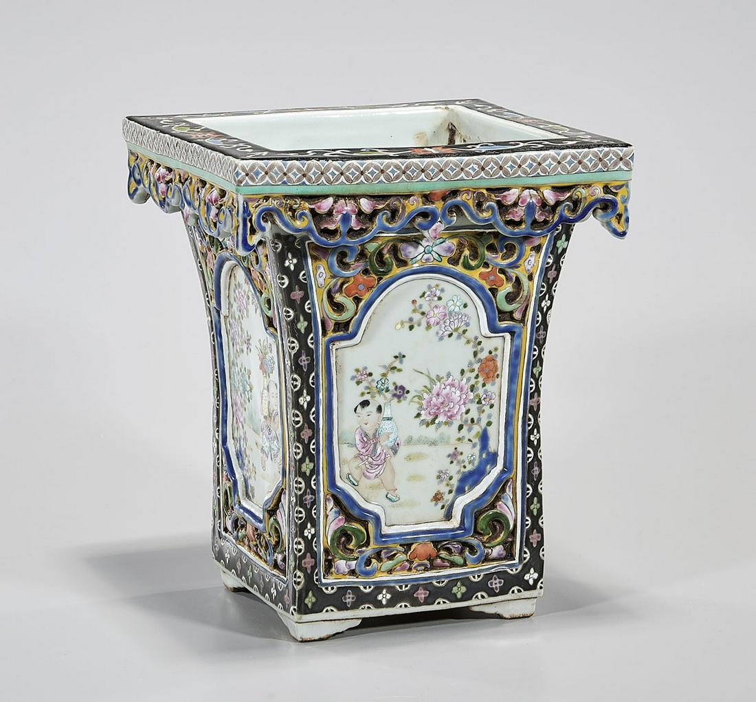 Chinese Enameled Porcelain Planter: Chinese enameled porcelain planter; 9" x 7 1/2" sq. (approx.) Condition: general wear, frits, pits, minor chips