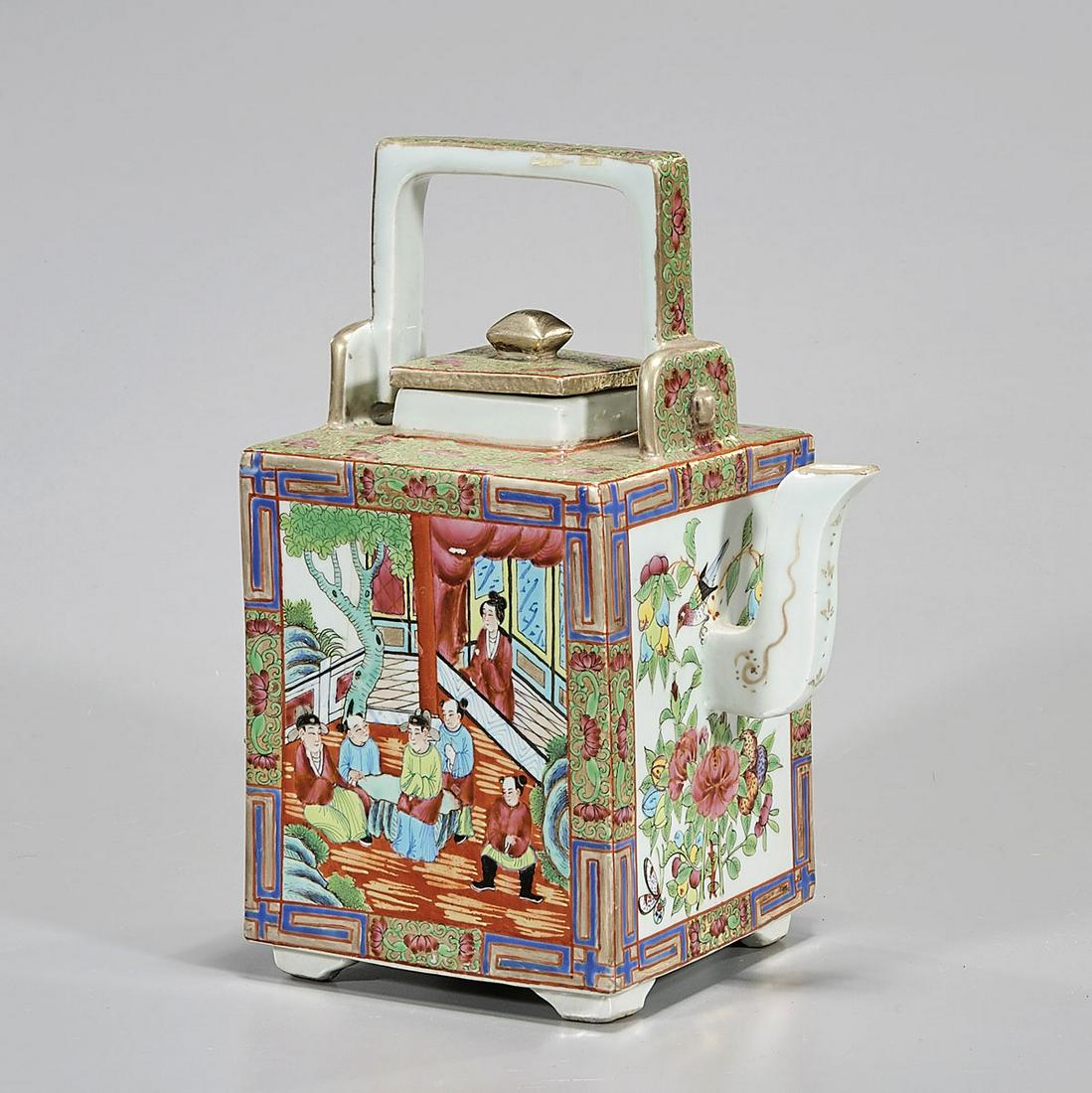 Chinese Enameled Porcelain Tea Pot: Chinese enameled porcelain tea pot; figure and flower motifs; 10 1/2" x 7" x 5" (approx.) Condition: general wear, frits, pits, minor chips