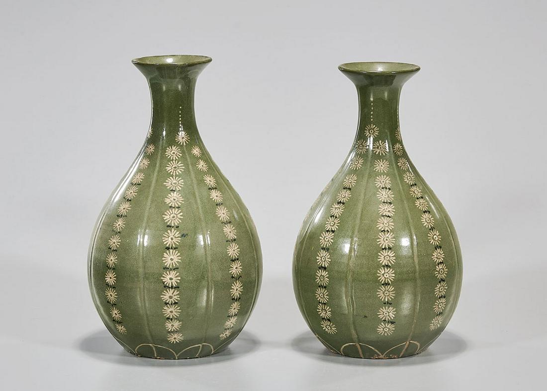 Pair Korean Celadon Glazed Wine Vessels: Pair of Korean celadon glazed wine vessels; 10" x 5 1/2" (each, approx.) Condition: general wear, frits, pits, minor chips