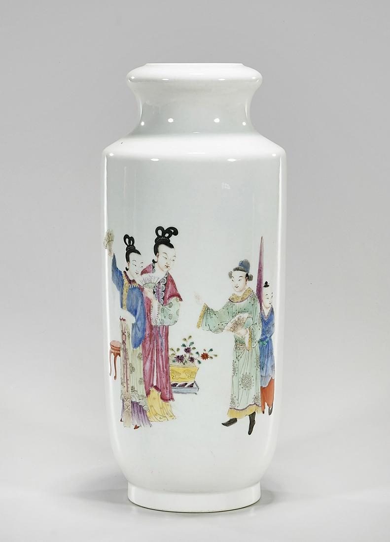 Chinese Enameled Porcelain Vase: Chinese enameled porcelain vase depicting figures; 12 1/4" x 5" (approx.) Condition: general wear, frits, pits, minor losses