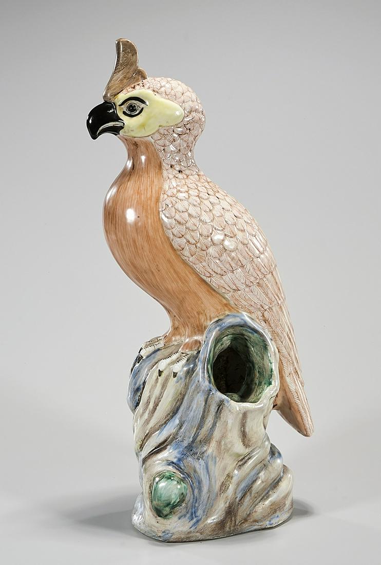 Chinese Enameled Porcelain Parrot: Chinese enameled porcelain parrot; 19" x 9" x 5" (approx.) Condition: general wear, frits, pits, minor losses