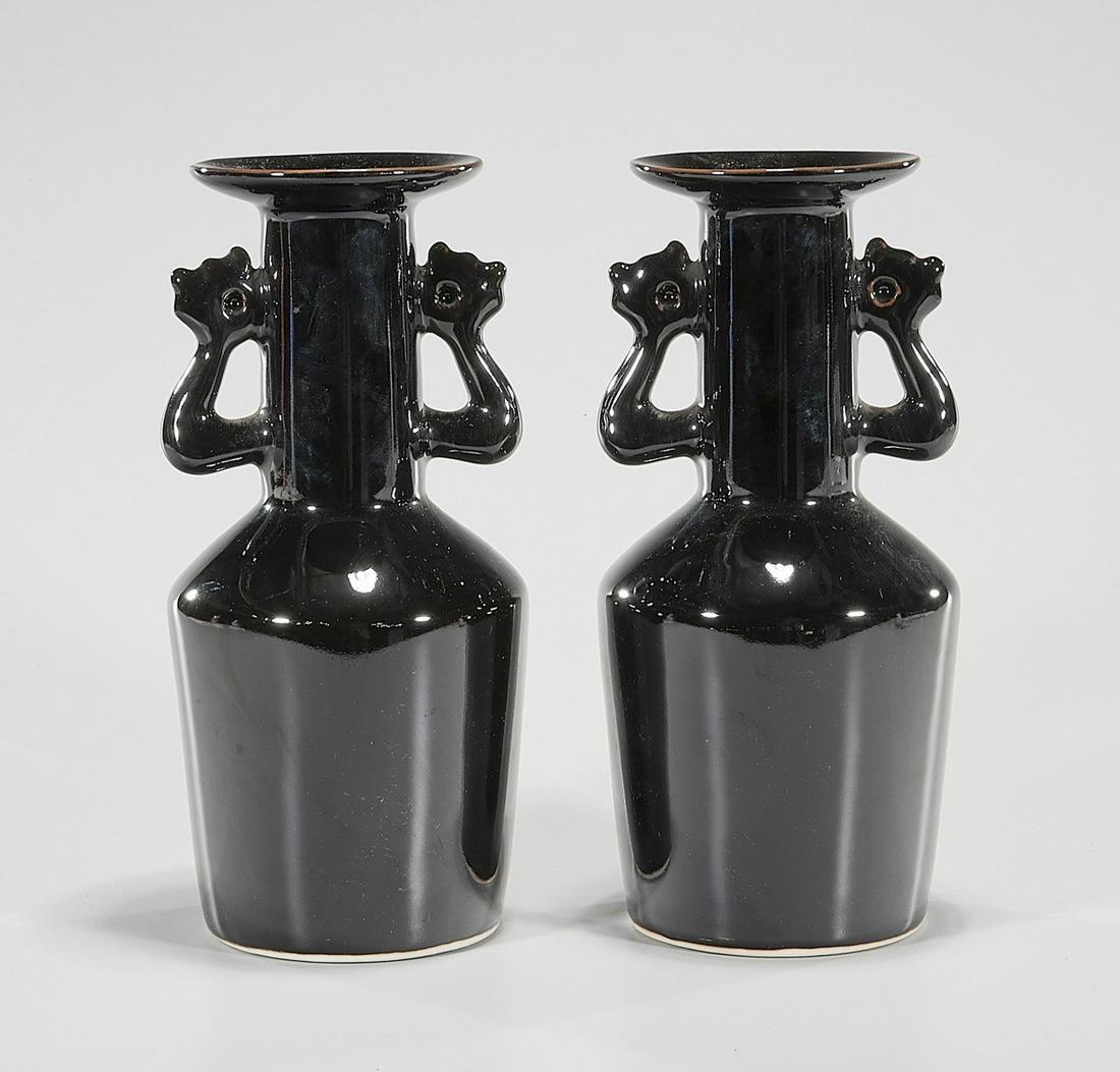 Pair Chinese Porcelain Mallet Vases: Pair of Chinese black glazed porcelain mallet vases; 10" x 5" (approx.) Condition: general wear, frits, pits, minor losses