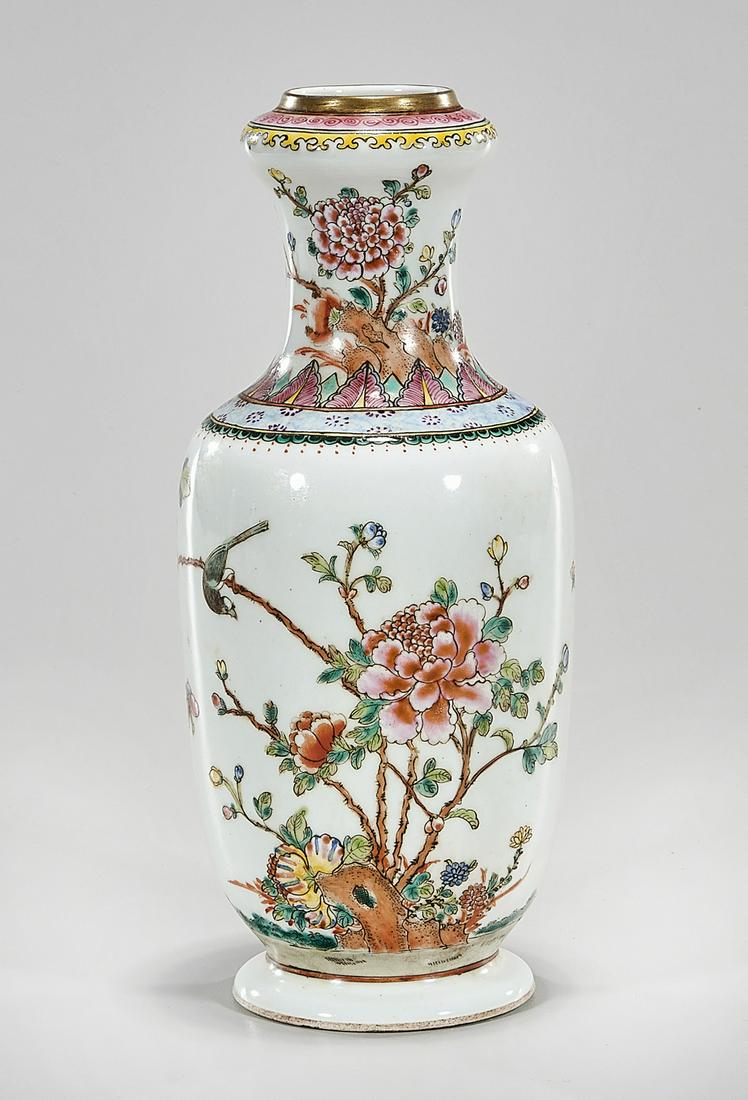 Chinese Enameled Porcelain Vase: Chinese enameled porcelain vase; floral motif; 10" x 4" (approx.) Condition: general wear, frits, pits, minor losses