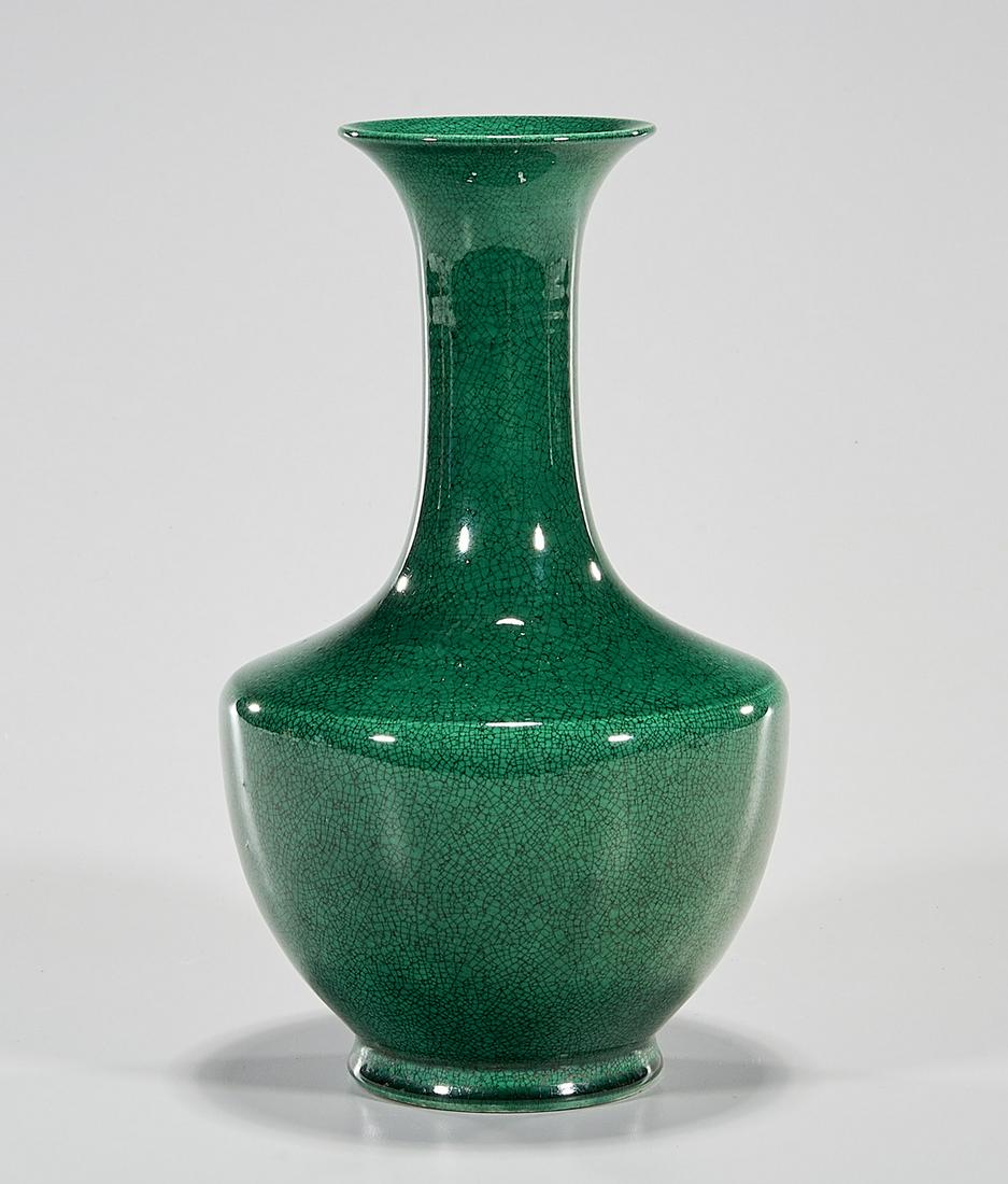 Chinese Green Glazed Porcelain Vase: Chinese green glazed porcelain vase; 10" x 6" (approx.) Condition: general wear, frits, pits, minor losses