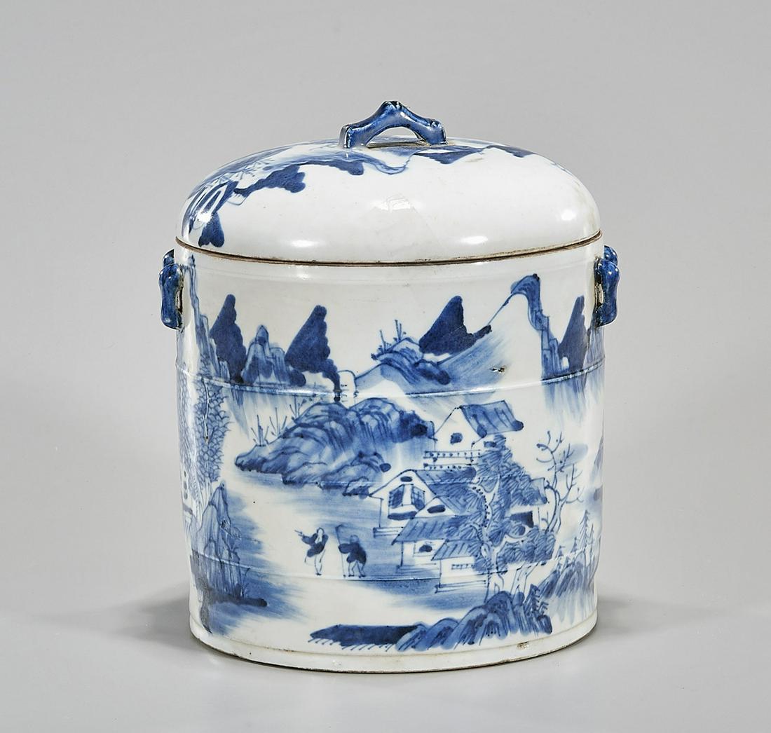 Chinese Blue and White Porcelain Covered Conainer: Chinese blue and white porcelain covered container depicting figures in a landscape; 9" x 7" (approx.) Condition: general wear, frits, pits, minor losses