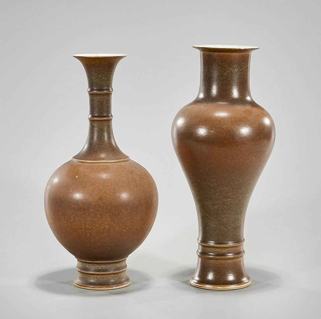 Two Chinese Porcelains: Two Chinese persimmon porcelain vases; 13" x 6" (taller, approx.) Condition: general wear, frits, pits, minor losses
