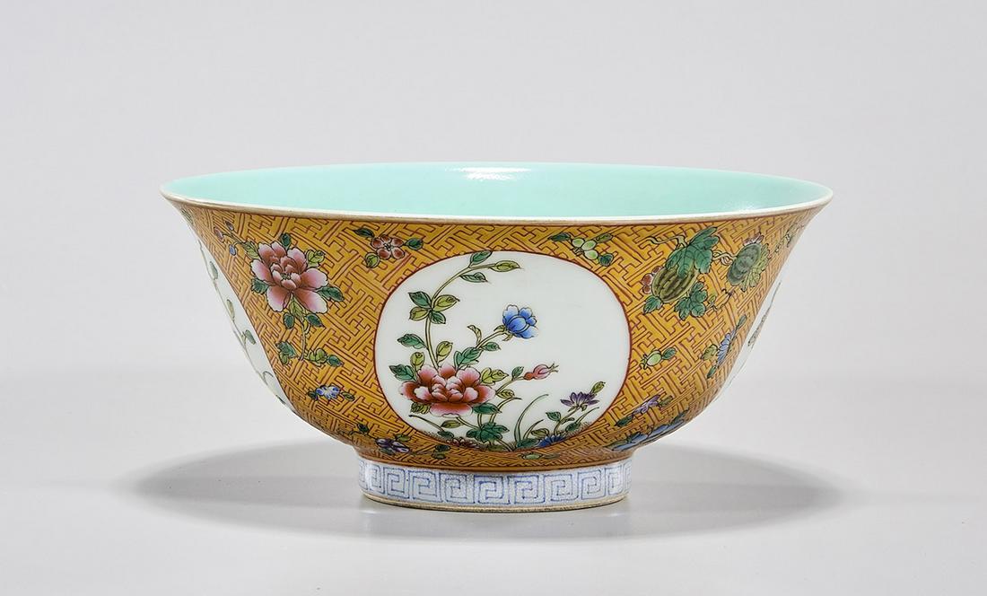 Chinese Enameled Porcelain Bowl: Chinese enameled porcelain footed bowl; 3 1/2" x 7" (approx.) Condition: general wear, frits, pits, minor losses
