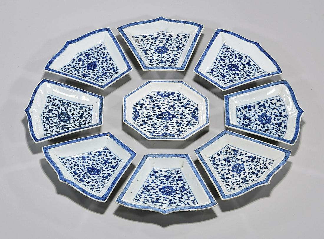 Set of Nine Chinese Blue and White Plates: Set of nine Chinese blue and white plates; D: 5 1/2" (largest, approx.) Condition: general wear, frits, pits, minor losses