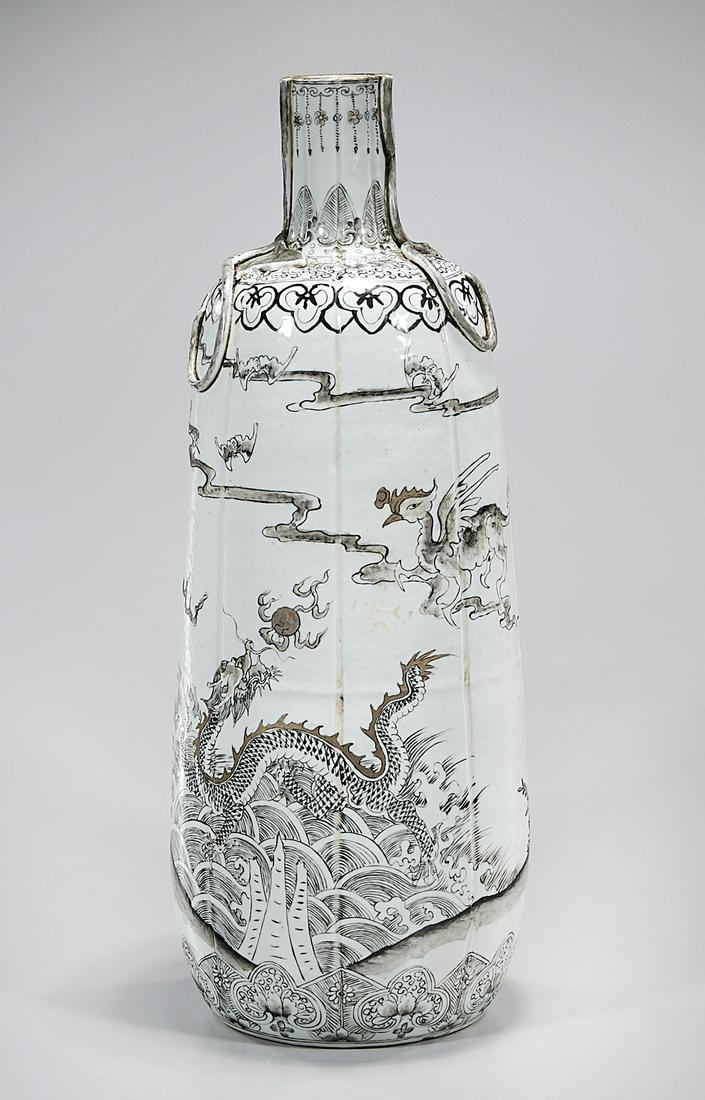 Chinese Enameled Porcelain Vase: Chinese enameled porcelain vase depicting dragons chasing pearls; 20 1/2" x 8" (approx.) Condition: general wear, frits, pits, minor losses