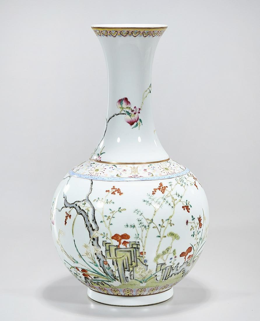 Chinese Enameled Porcelain Vase: Chinese enameled porcelain vase; fruit branches motif; Condition: general wear, frits, pits, minor losses