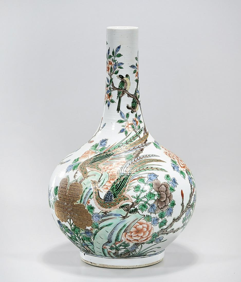 Chinese Enameled Porcelain Vase: Chinese enameled porcelain vase; flowering tree with birds motif; 15" x 9" (approx.) Condition: general wear, frits, pits, minor losses