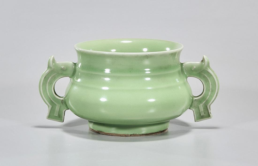 Chinese Green Glazed Porcelain Censer: Chinese green glazed censer; 4 1/2" x 9" x 7" (approx.) Condition: general wear, frits, pits, minor losses