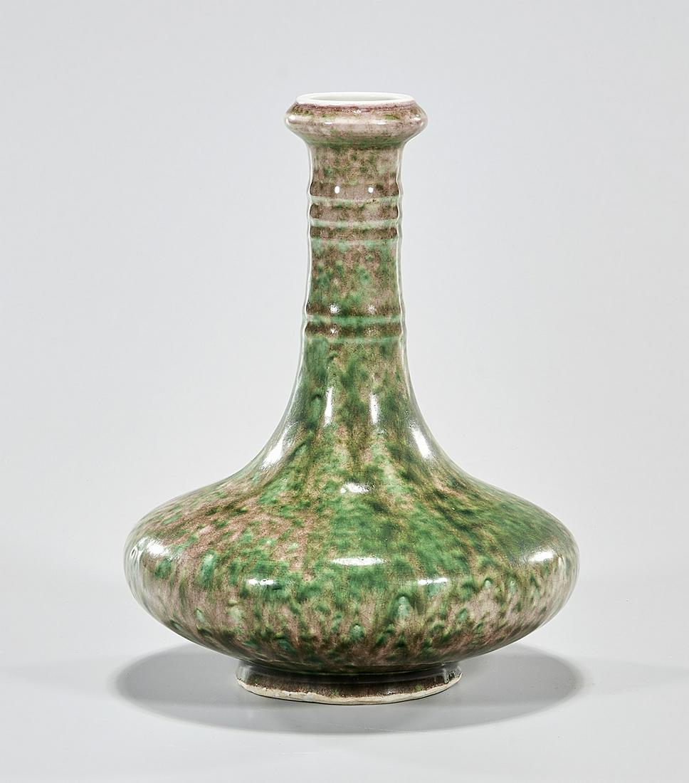 Chinese Peach Bloom Glazed Goose Neck Vase: Chinese peach bloom porcelain vase; 9" x 7" (approx.) Condition: general wear, frits, pits, minor losses