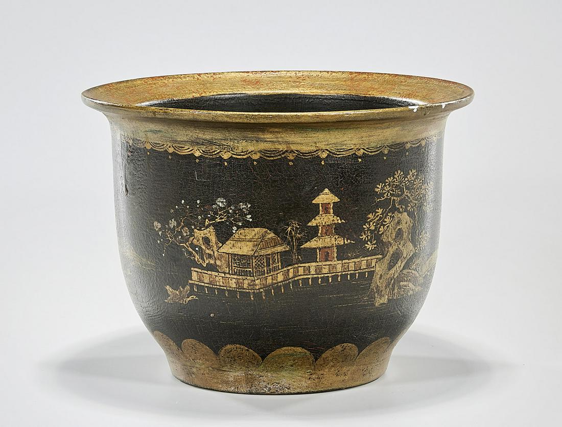 Chinese Black Porcelain Planter: Chinese black and gilt design porcelain planter; 8" x 11" (approx.) Condition: general wear, frits, pits, minor losses