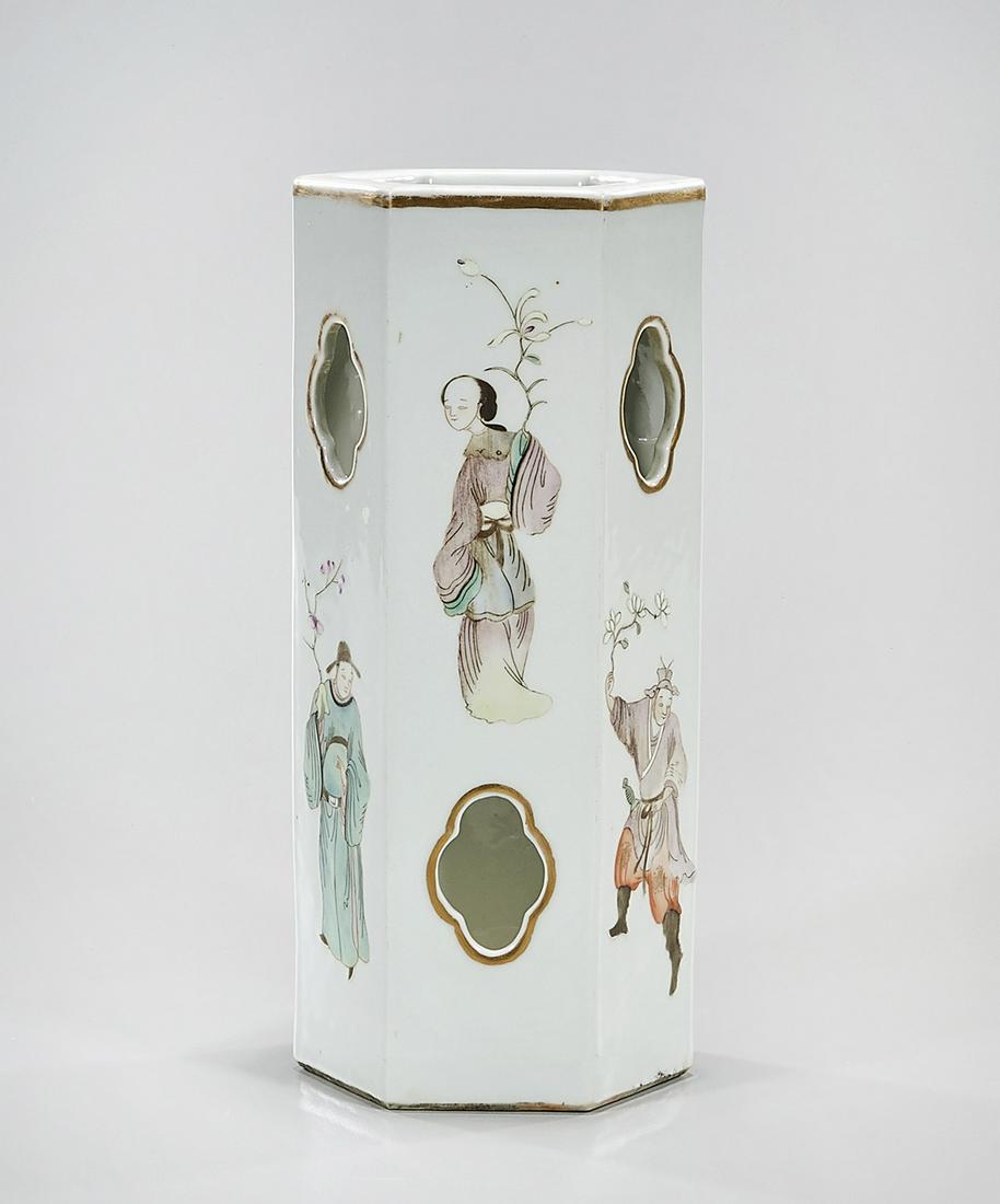 Chinese Enameled Porcelain Hat Stand: Chinese enameled porcelain hexagonal hat stand; 11" x 5" (approx.) Condition: general wear, frits, pits, minor losses