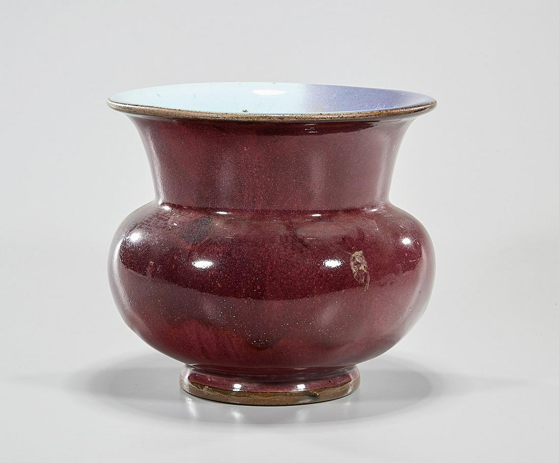 Chinese Glazed Porcelain Planter: Chinese eggplant glazed porcelain planter; 7" x 7 1/2" (approx.) Condition: general wear, frits, pits, minor losses
