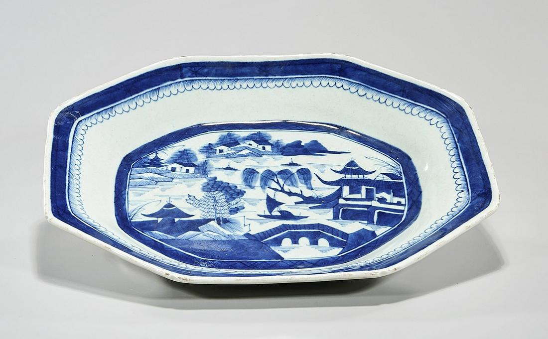 Chinese Blue and White Porcelain Platter: Chinese blue and white porcelain platter; landscape and village scene; 15" x 11 1/2" (approx.) Condition: general wear, frits, pits, minor losses