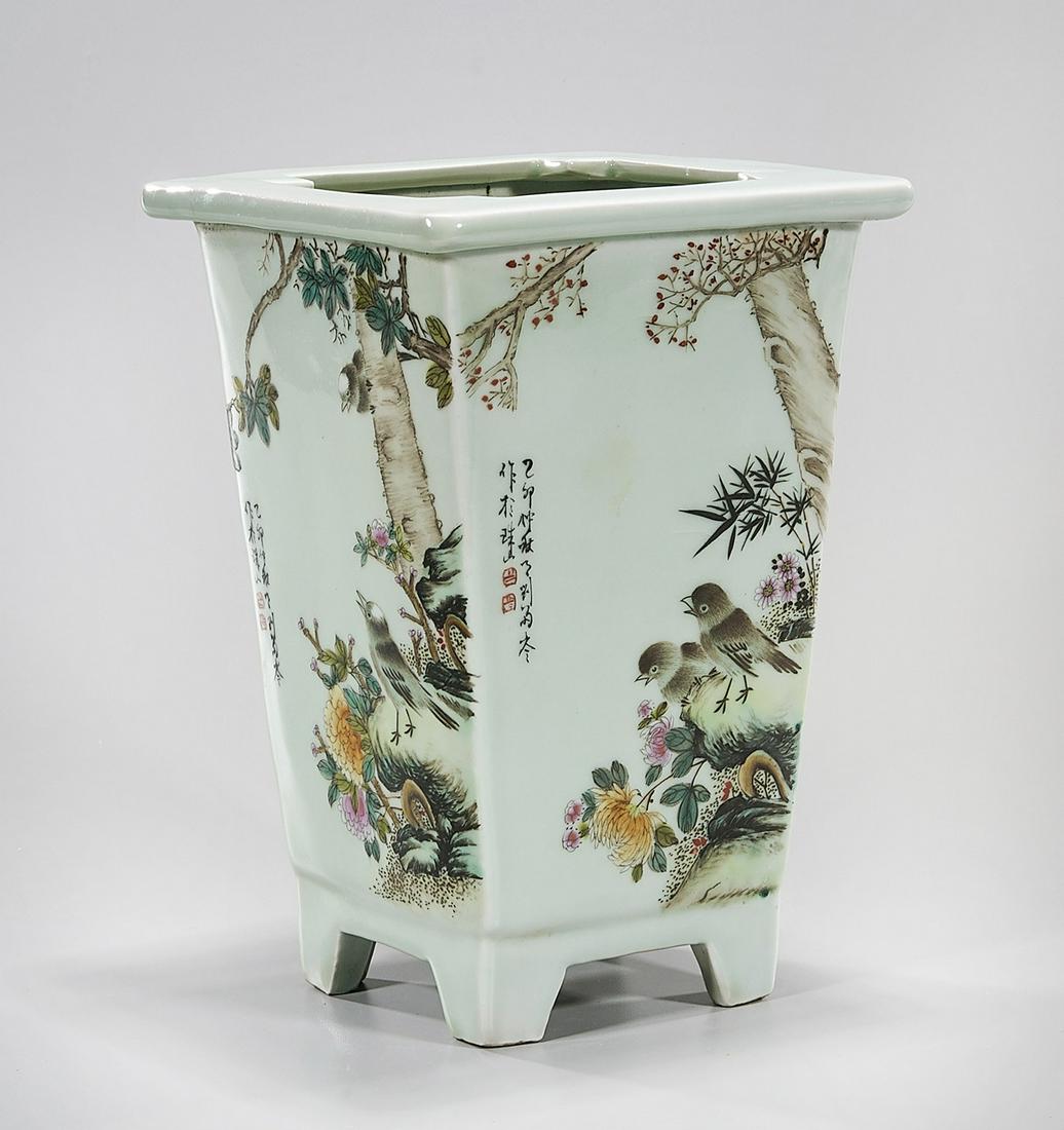 Chinese Enameled Porcelain Planter: Chinese enameled porcelain planter; trees and calligraphy; 10" x 7" x 7" Condition: general wear, frits, pits, minor losses