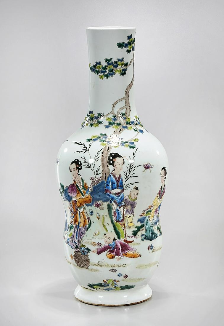 Chinese Enameled Porcelain Vase: Chinese enameled porcelain vase depicting a beauties in a landscape; 17" x 7" (approx.) Condition: general wear, frits, pits, minor losses