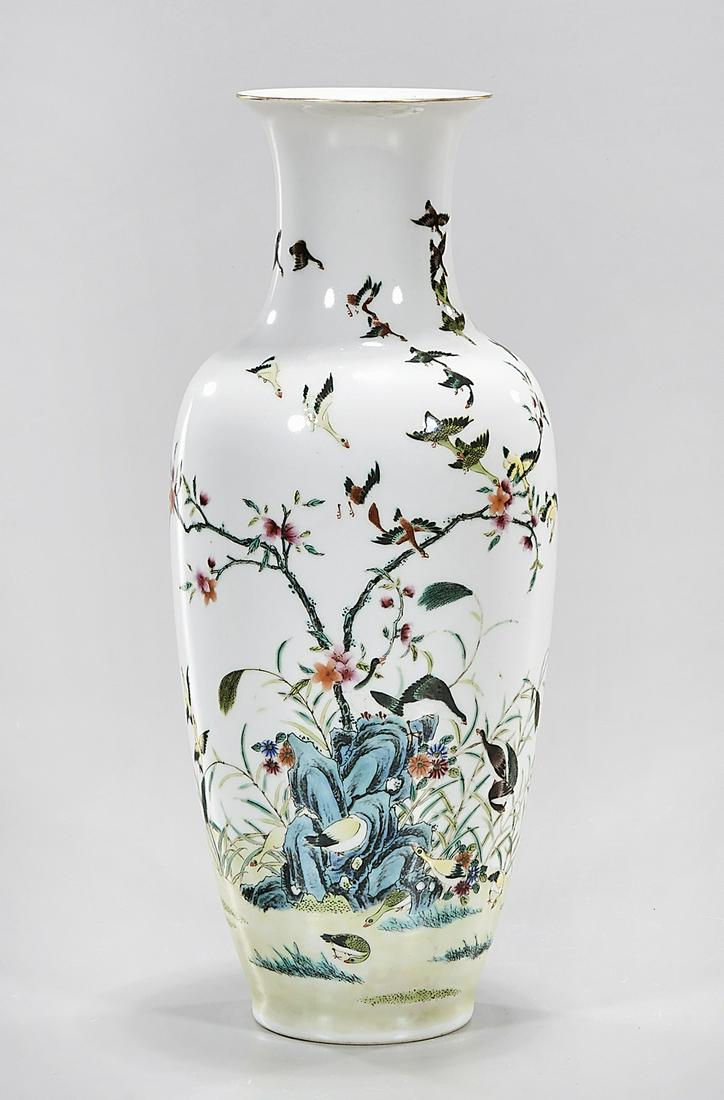 Chinese Enameled Porcelain Vase: Chinese enameled porcelain vase; flowering trees with birds decoration; 11" x 5" (approx.) Condition: general wear, frits, pits, minor losses