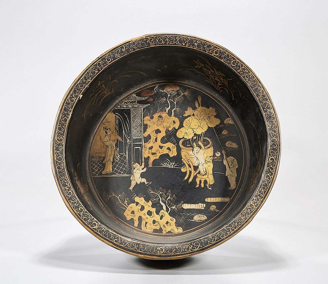 Chinese Gilt-Decorated Wood Basin: Chinese gilt-decorated wood basin depicting various figures and landscapes; 6" x 11" (approx.) Condition: general wear, frits, pits, minor losses