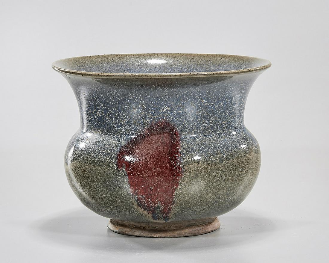 Chinese Glazed Porcelain Jar: Chinese tea dust porcelain jar; 6" x 8" (approx.) Condition: general wear, frits, pits, minor losses
