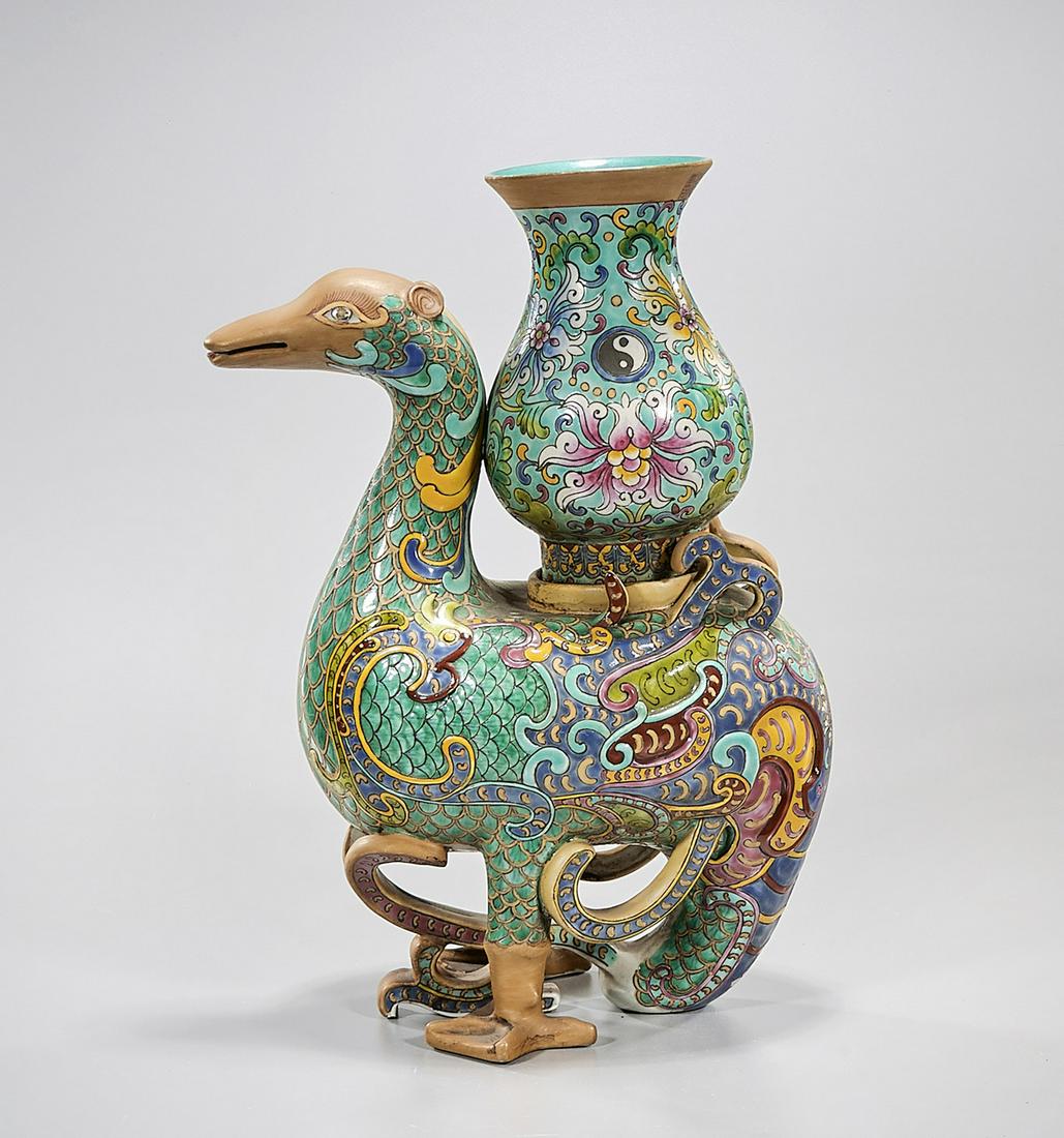 Chinese Enameled Porcelain Animal Form Vase: Chinese enameled porcelain animal form vase; 14" x 9" x 6" (approx.) Condition: general wear, frits, pits, minor losses