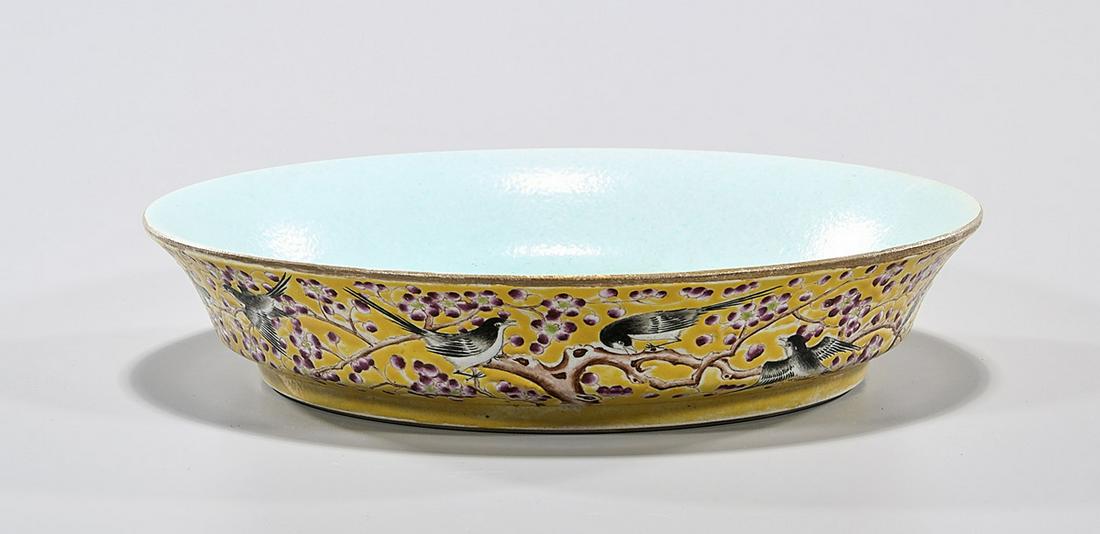Chinese Enameled Porcelain Dish: Chinese enameled porcelain dish; yellow ground with birds motif; D: 11 1/2" Condition: general wear, frits, pits, minor losses