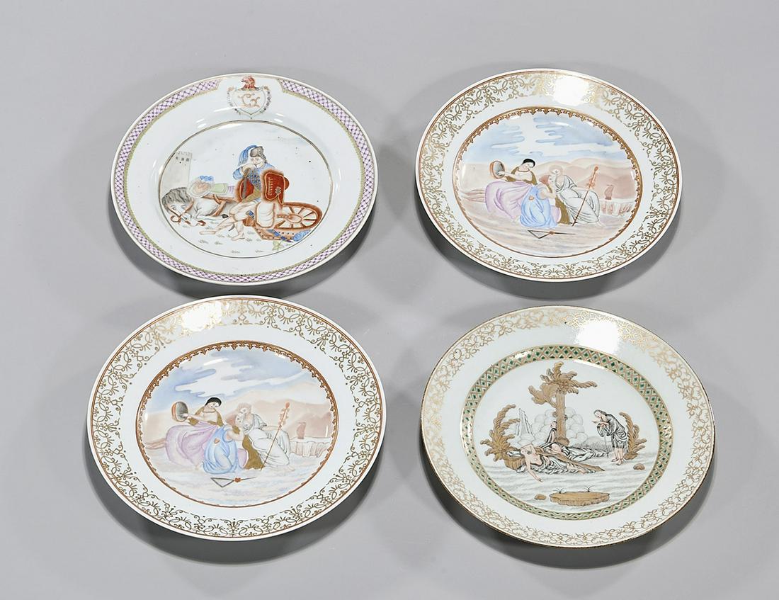 Group of Four Chinese Enameled Porcelain Plates: Group of four Chinese enameled porcelain plates with figural motifs; D: 9" (each, approx.) Condition: general wear, frits, pits, minor losses