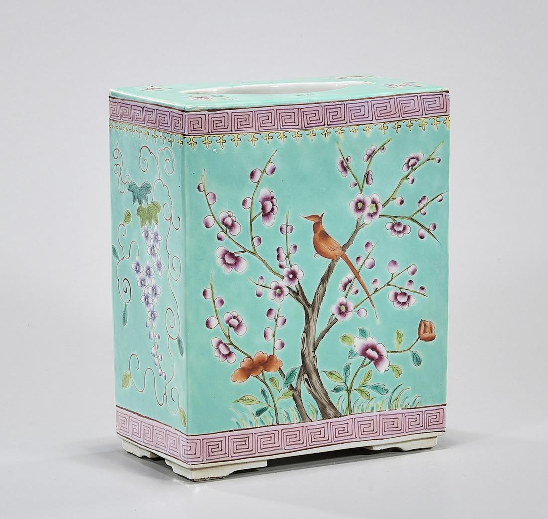 Chinese Enameled Porcelain Pillow: Chinese enameled porcelain pillow; turquoise ground; tree and bird design; 8" x 7" x 4" (approx.) Condition: general wear, frits, pits, minor losses