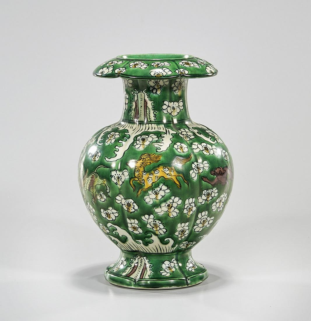 Chinese Enameled Porcelain Vase: Chinese enameled porcelain Kangxi sancai-style vase; 8" x 5" (approx.) Condition: general wear, frits, pits, minor losses