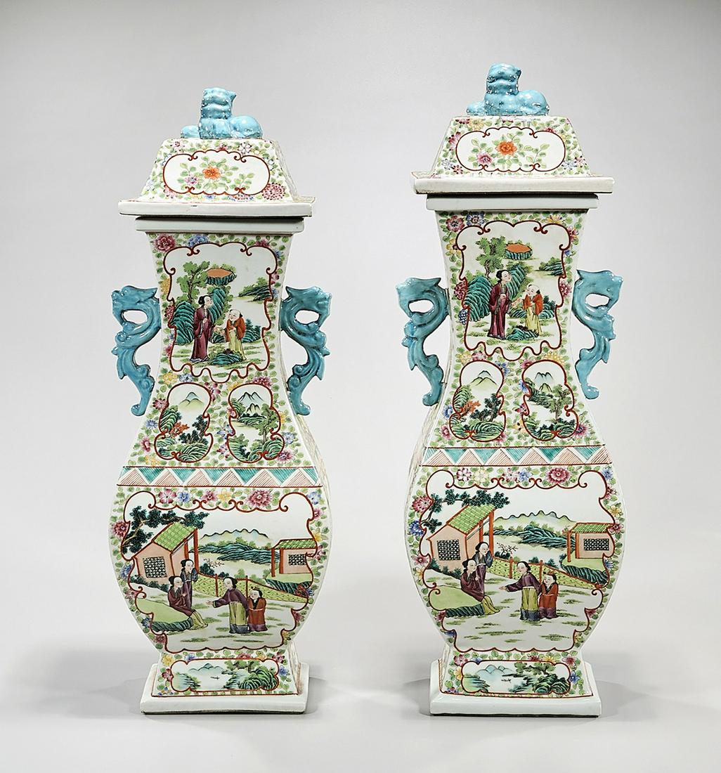 Pair Chinese Enameled Porcelain Covered Vases (1 of 5)