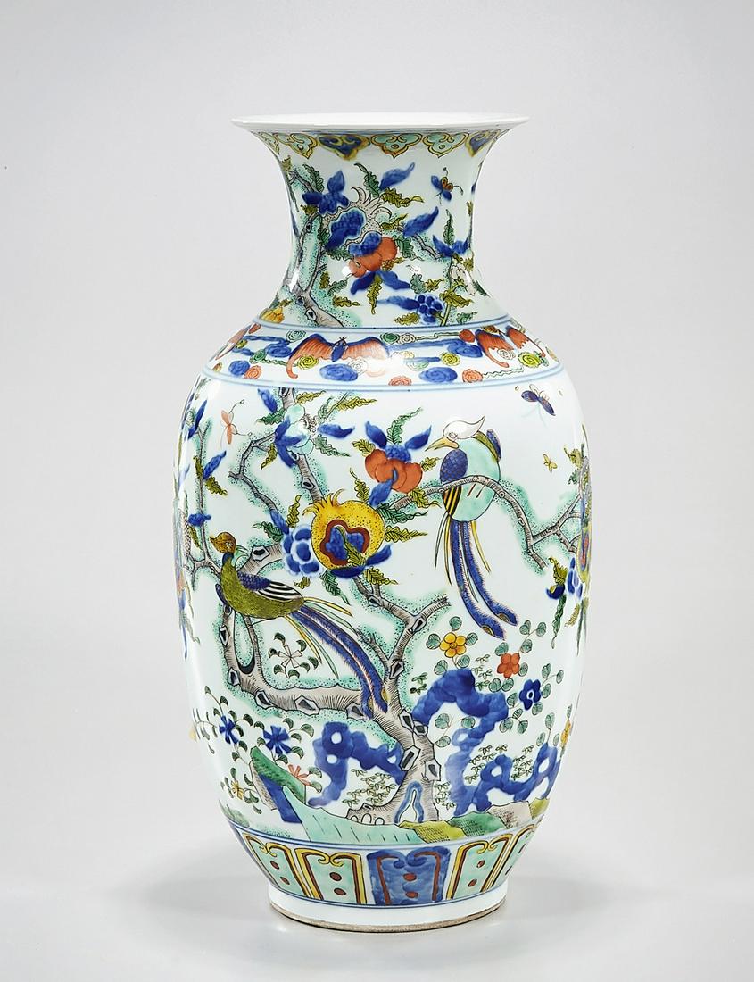 Chinese Wucai Porcelain Vase: Chinese wucai porcelain vase depicting flowers and birds; mark to base; 15" x 8" (approx.) Condition: general wear, frits, pits, minor losses