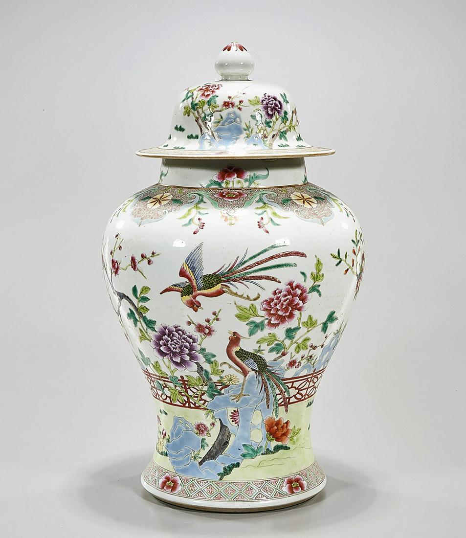 Chinese Enameled Porcelain Covered Vase: Chinese enameled porcelain covered vase; trees, phoenix and flower decoration; 17" x 10" (approx.) Condition: general wear, frits, pits, minor losses