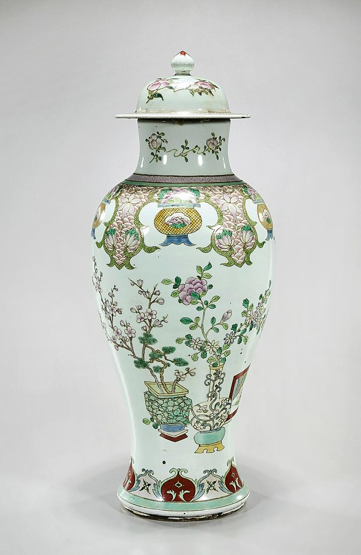 Chinese Enameled Porcelain Covered Vase: Chinese enameled porcelain covered vase; floral motif; 24" x 9 (approx.) Condition: general wear, frits, pits, minor losses