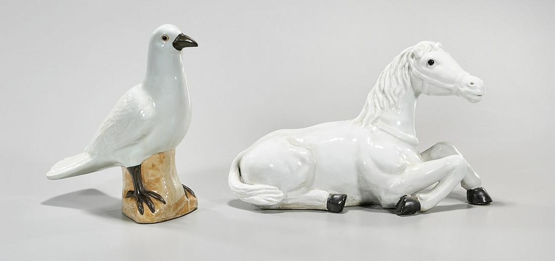 Two Chinese Porcelain Animal Figures: Two Chinese porcelain animal figures; including a bird and horse; 9 1/2" x 12" x 5" (larger, approx.) Condition: general wear, frits, pits, minor losses