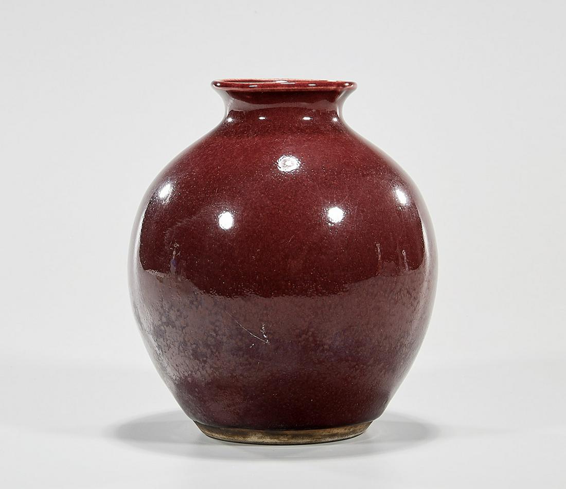 Chinese Oxblood Porcelain Vase: Chinese oxblood vase; 7" x 6" (approx.) Condition: general wear, frits, pits, minor losses