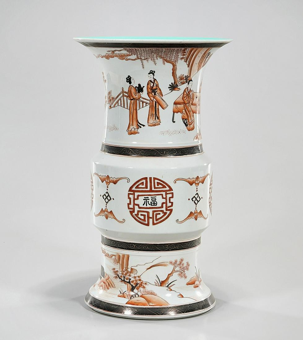 Chinese Enameled Porcelain Gu-Form Vase: Chinese enameled porcelain gu-form vase; 14" x 8" (approx.) Condition: general wear, frits, pits, minor losses