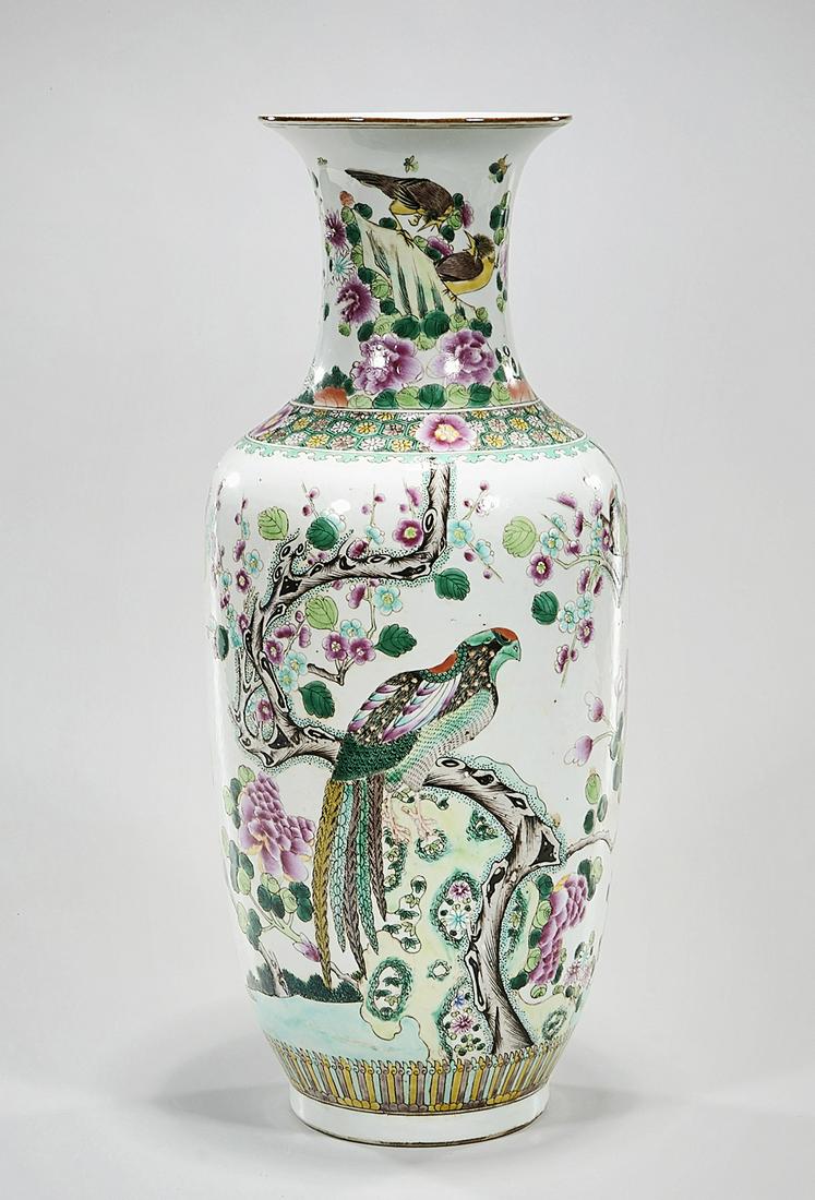 Chinese Enameled Porcelain Vase: Chinese enameled porcelain vase; bird and floral design; 19" x 7 1/2" (approx.) Condition: general wear, frits, pits, minor losses