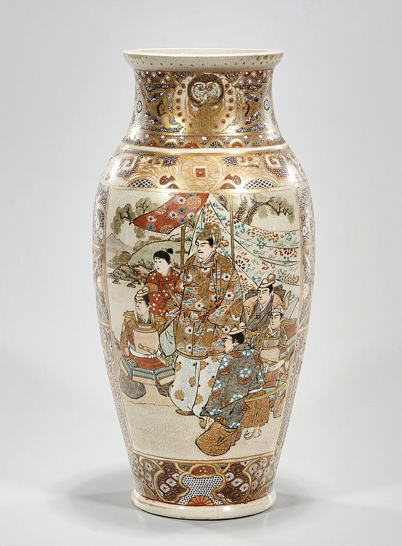 Japanese Satsuma Vase: Japanese Satsuma vase with figures; 15" x 7" (approx.) Condition: general wear, frits, pits, minor losses