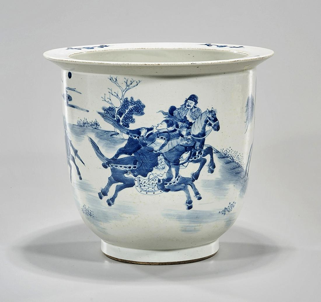 Chinese Blue and White Porcelain Planter: Chinese blue and white porcelain planter with figural motif; 10" x 11" (approx.) Condition: general wear, frits, pits, minor losses